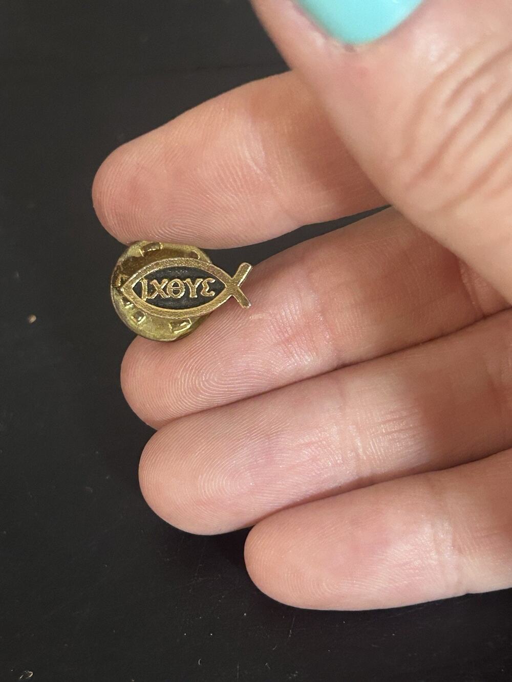 Vintage Christian Tie Tack Pin Ichthys Fish Greek Gold Tone Religious